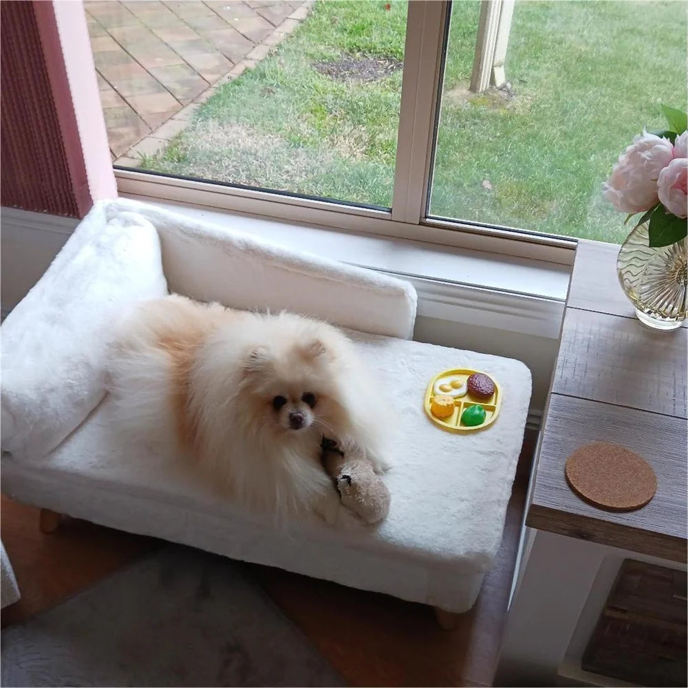 Luxury Elevated Dog Sofa Bed with Backrest Plush Cushion Wooden Legs Raised Dog Bed Lounger Chair for Small Medium Dog Cat Chair