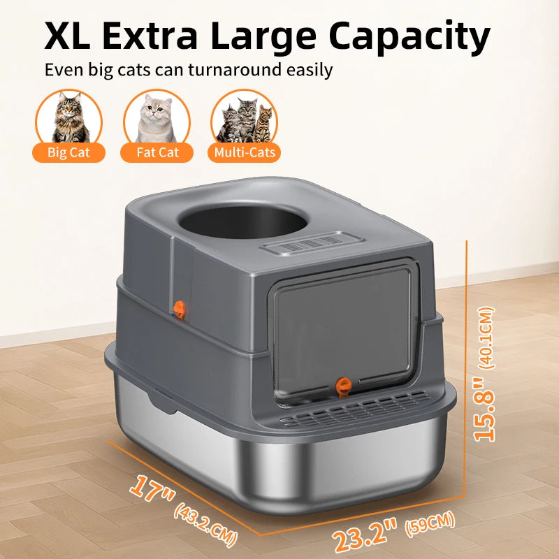 Stainless Steel Cat Litter Box with Lid, Extra Large Enclosed Cat Litter Box, Non-Stick Metal Pan, High Sides with Litter Scoop and Pedal, Odor-Free, Front and Top Entry, Leak-Proof, Easy to Clean