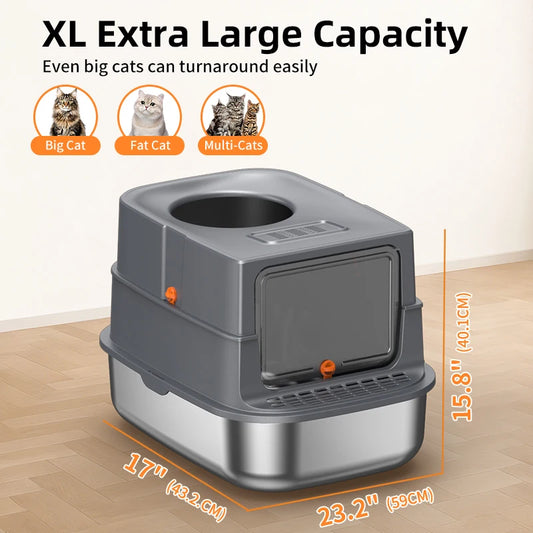 Stainless Steel Cat Litter Box with Lid, Extra Large Enclosed Cat Litter Box, Non-Stick Metal Pan, High Sides with Litter Scoop and Pedal, Odor-Free, Front and Top Entry, Leak-Proof, Easy to Clean