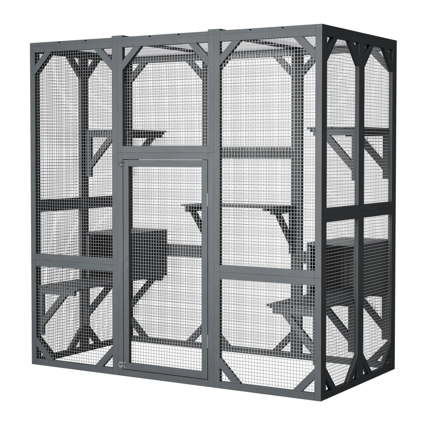 Large Wooden Catio Outdoor Cat Enclosure  Walk-in Cat House with Platforms & Rest Box   Weatherproof Cat Cage for Multiple Cats