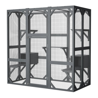 Large Wooden Catio Outdoor Cat Enclosure  Walk-in Cat House with Platforms & Rest Box   Weatherproof Cat Cage for Multiple Cats