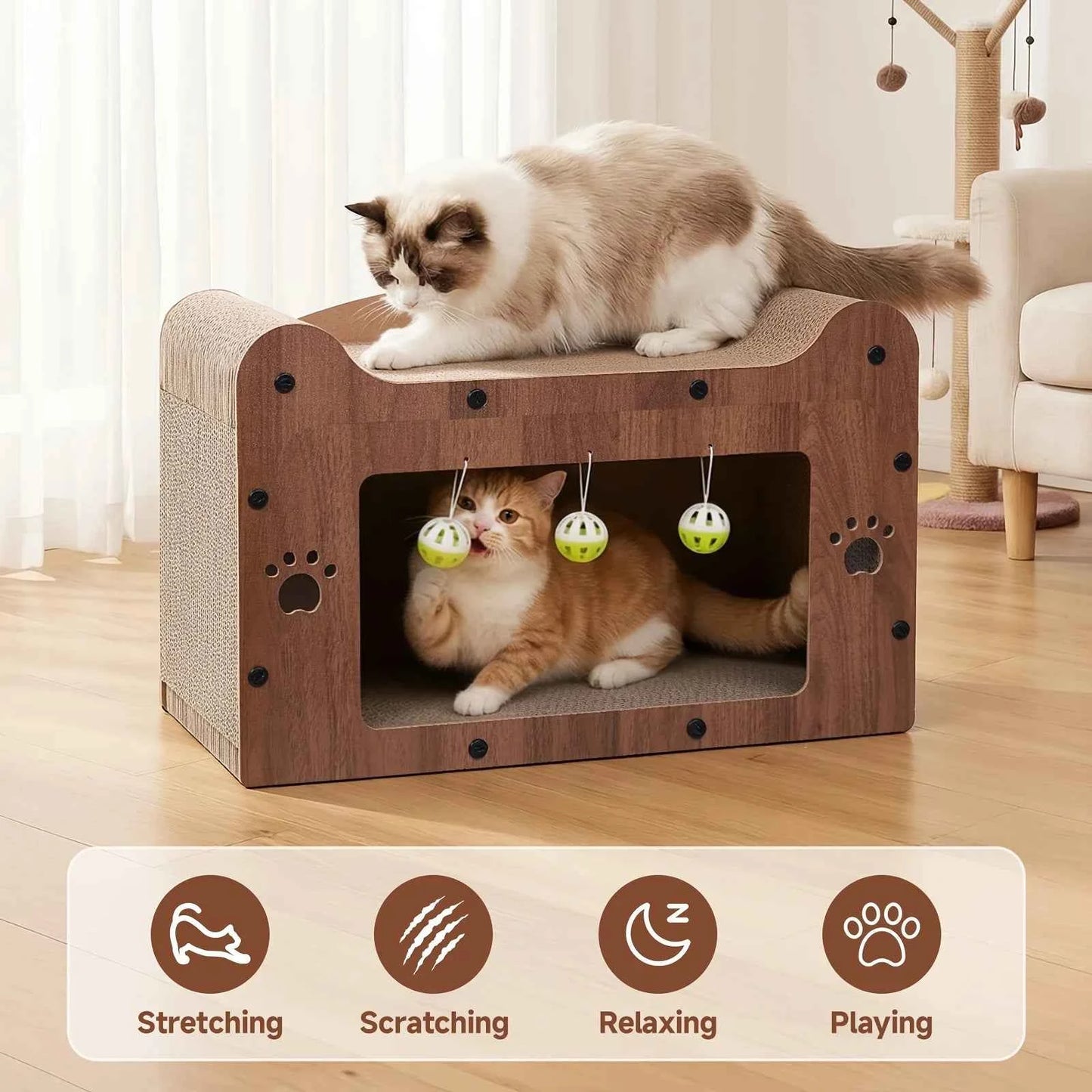 Walnut Cat Scratching House, Durable Cardboard Scratcher & House for Indoor Cats, Multi-Functional Hideout for Scratching, Playing & Resting, Easy to Assemble.