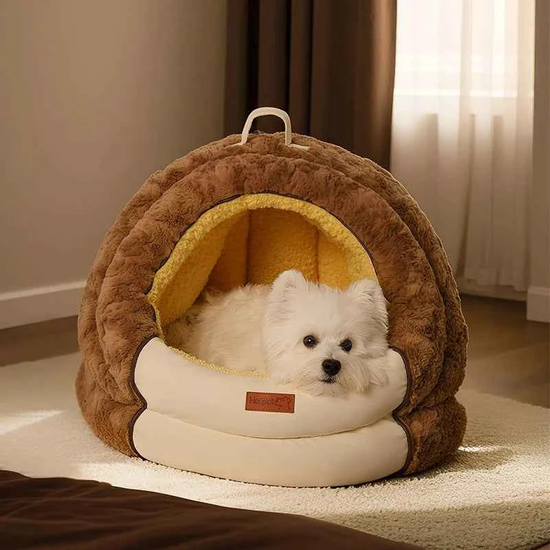 HOOPET Winter Dog Bed with Roof, Semi-Enclosed Warm House & Soft Pad, Plush Security Feeling Comfort Pet Nest for Small Dogs