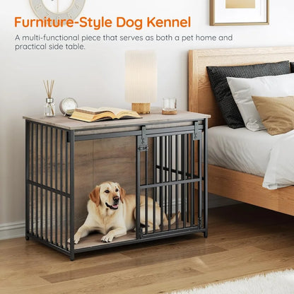 Dog Crate Furniture, 36.6" Heavy Duty Dog Kennel with Sliding Barn Door, Wooden Dog Cage Indoor, Decorative Side End Table for