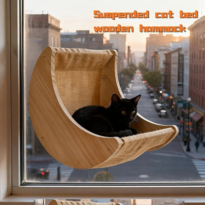 Hanging Cat Bed Hammock with Suction Cups Window Mounted Pet Swing for Cats Wooden Cat Cradle Space-Saving Wall Furniture