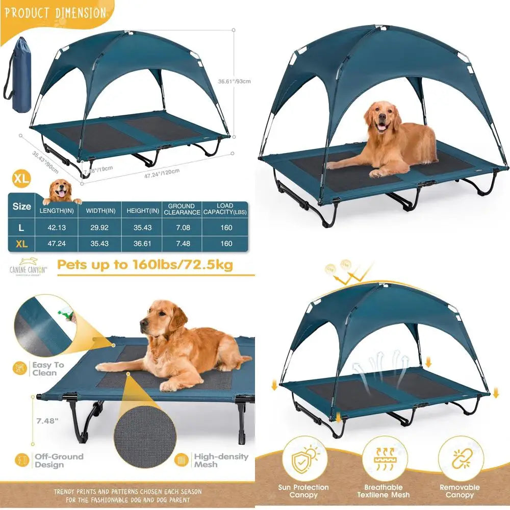 Large 47 Dog Cot with Removable Canopy, Elevated Cooling Bed for Big Dogs, Washable Mesh, Indoor/Outdoor Pet Bed