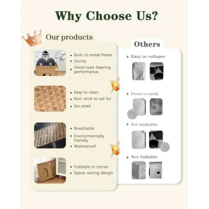 Indoor cat bed: handwoven rattan pet cube with double-sided soft cushions beige extra-large foldable hideaway for living room u