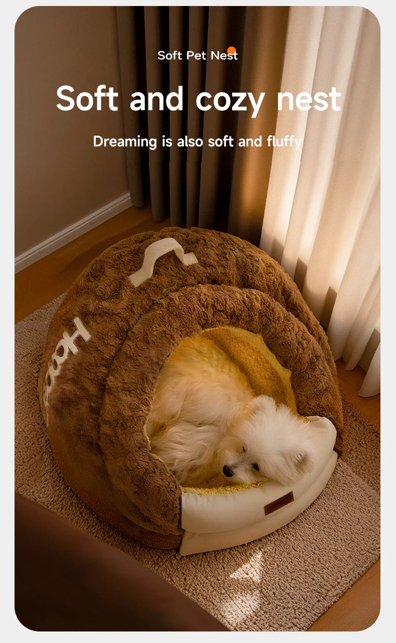 HOOPET Winter Dog Bed with Roof, Semi-Enclosed Warm House & Soft Pad, Plush Security Feeling Comfort Pet Nest for Small Dogs