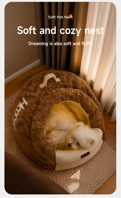 HOOPET Winter Dog Bed with Roof, Semi-Enclosed Warm House & Soft Pad, Plush Security Feeling Comfort Pet Nest for Small Dogs