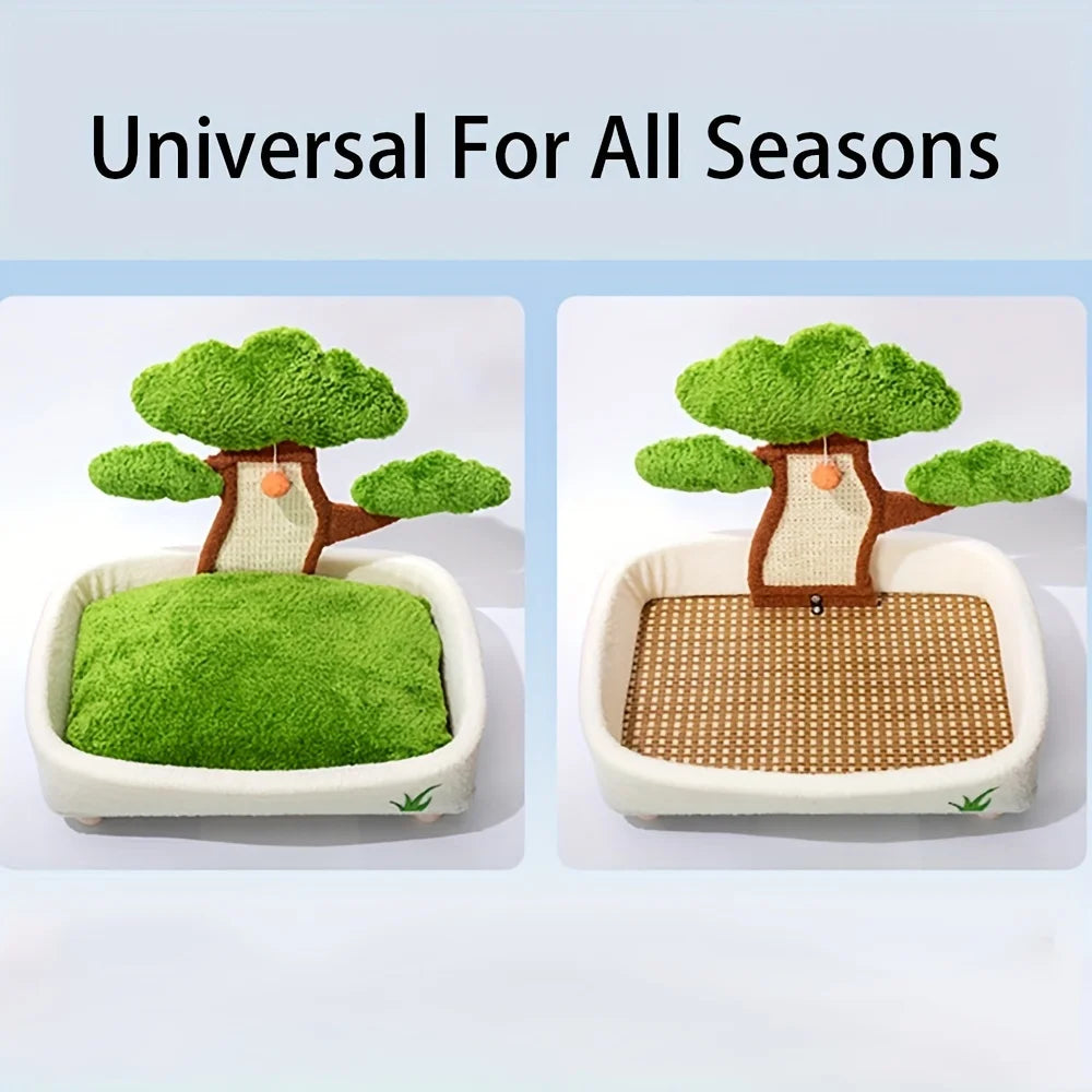 2-in-1 Cat Bed & Scratch Board Combo, Pine Tree Design Pet Furniture with Removable Washable Cushion, All-Season Warm Nest
