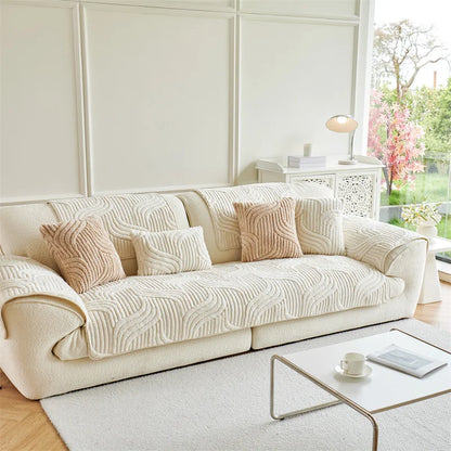 Tuffed Fleece Jacquard Sofa Cover, Winter Thickened Slipcover Soft and Comfortable Modern Fleece Non-Slip Sofa Towel