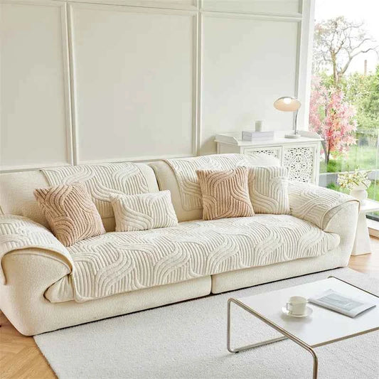 Tuffed Fleece Jacquard Sofa Cover, Winter Thickened Slipcover Soft and Comfortable Modern Fleece Non-Slip Sofa Towel