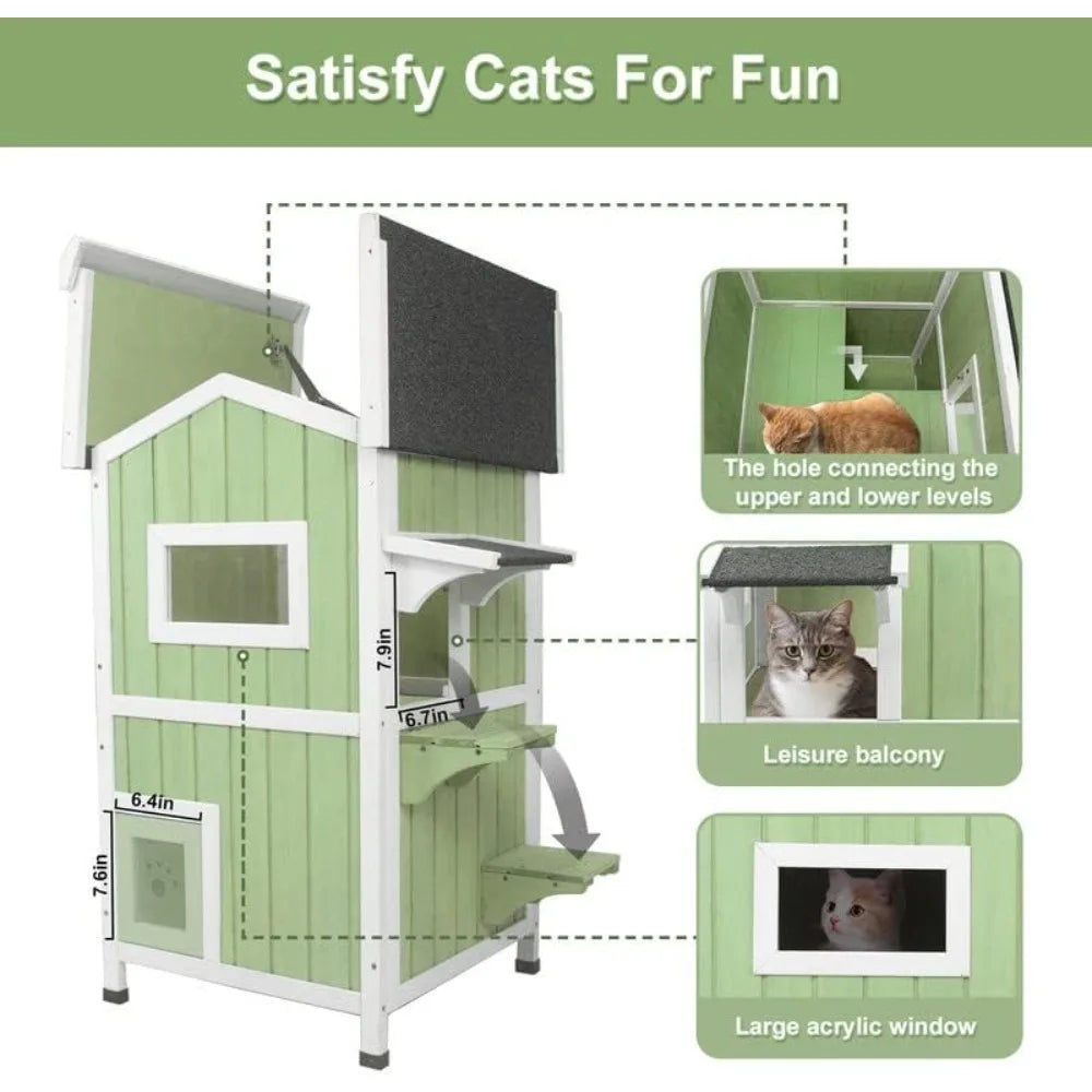Weatherproof Two-Story Wooden Outdoor Feral Cat House with Openable Roof and Escape Door