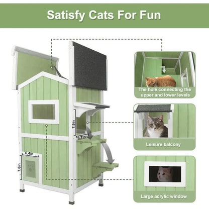 Weatherproof Two-Story Wooden Outdoor Feral Cat House with Openable Roof and Escape Door