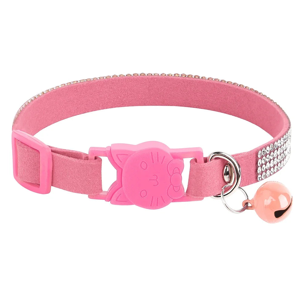 Soft Pink Suede Leather Cat Collar - Bling Rhinestone Design with Bell, Safety Breakaway & Adjustable XS/S for Cats & Puppies
