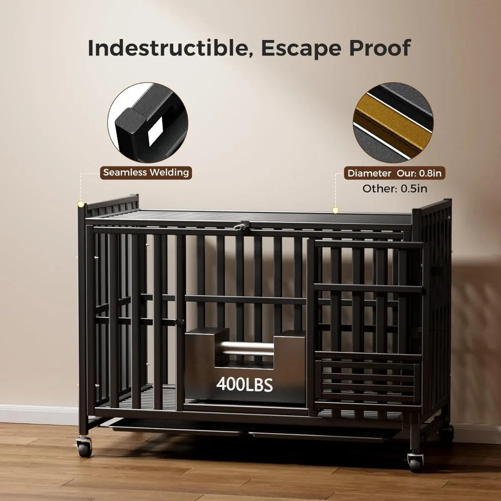 Heavy Duty Dog Crate, Escape-Proof Indestructible Cage for High-Anxiety Dogs, 3-Door Kennel with 4 Lockable Wheels