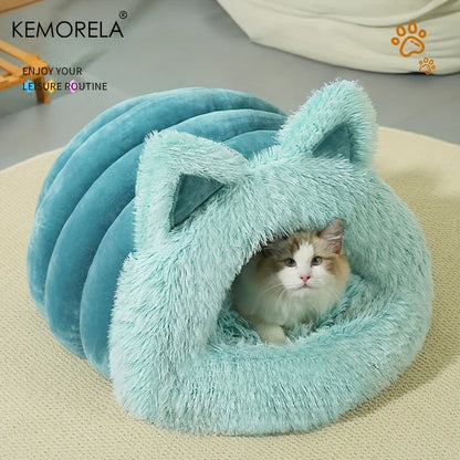 KEMORELA Plush Cat Ears Big Collar Pet Nest Cat Bed For Indoor Cats Thickened Pet Bed Cat House For Autumn And Winter Seasons