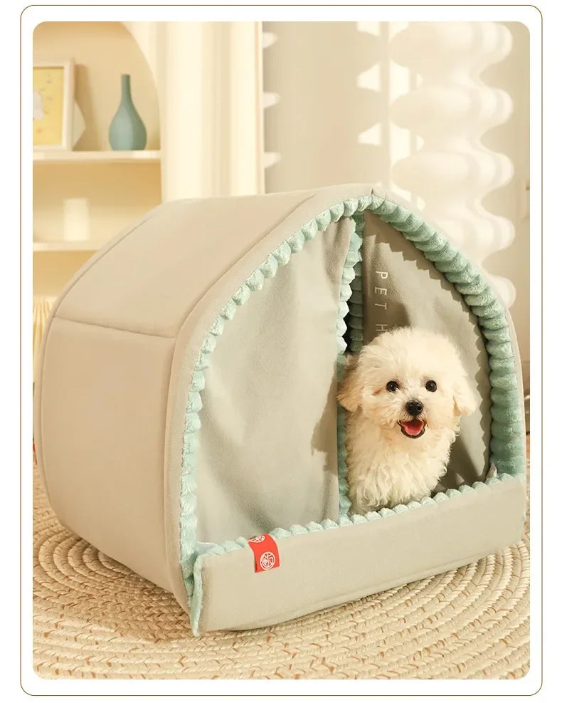 Closed Dog House with Door Curtain Winter Windproof Nest for Dogs Cats Outdoor Portable Cat Tent Dog Villa Sleep Kennel Cat Mat