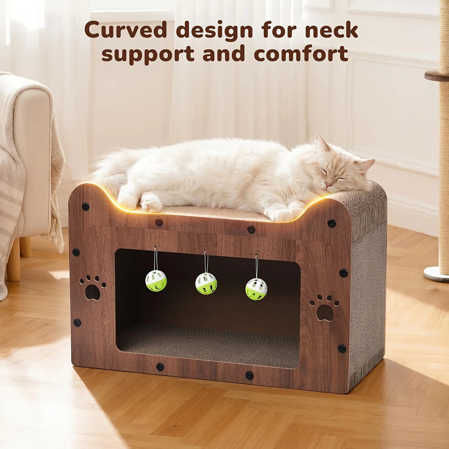 Walnut Cat Scratching House, Durable Cardboard Scratcher & House for Indoor Cats, Multi-Functional Hideout for Scratching, Playing & Resting, Easy to Assemble.