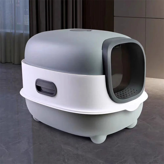 Large Enclosed Cat Litter Box with Scoop – Odourless Hooded Non-Stick Cat Toilet Pan (Grey) - Pet Suppie