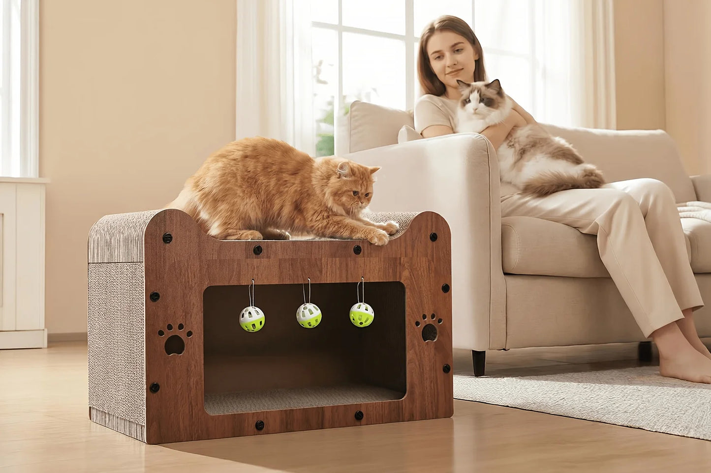 Walnut Cat Scratching House, Durable Cardboard Scratcher & House for Indoor Cats, Multi-Functional Hideout for Scratching, Playing & Resting, Easy to Assemble.