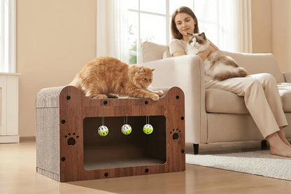 Walnut Cat Scratching House, Durable Cardboard Scratcher & House for Indoor Cats, Multi-Functional Hideout for Scratching, Playing & Resting, Easy to Assemble.