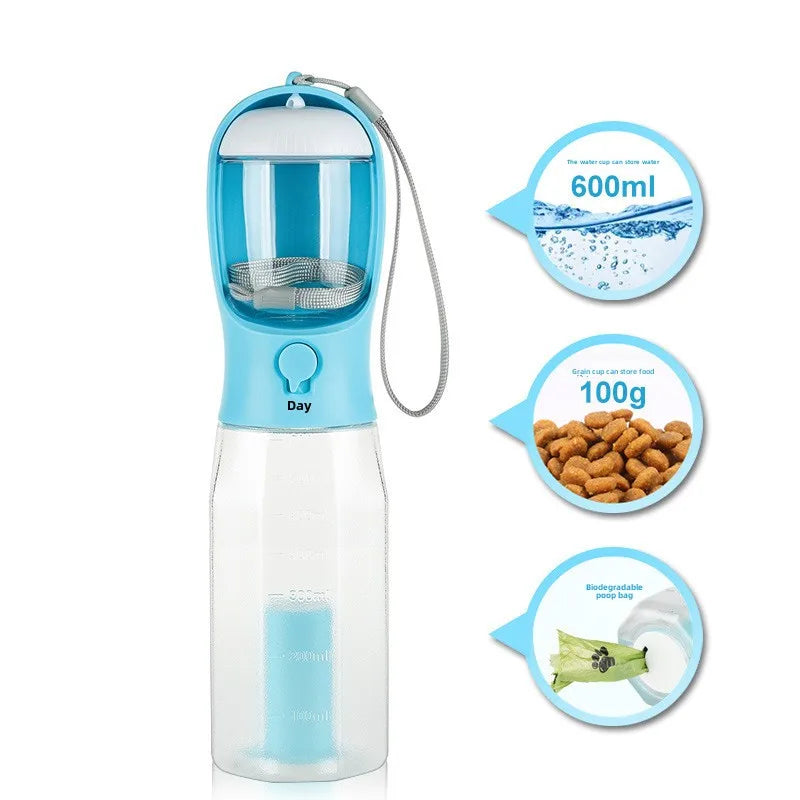 3 in 1 Dog Water Bottle with Poop Bag Dispenser Portable Pet Feeder for Cat Dog Bowl Outdoor Puppy Drinking Bowl Food Container