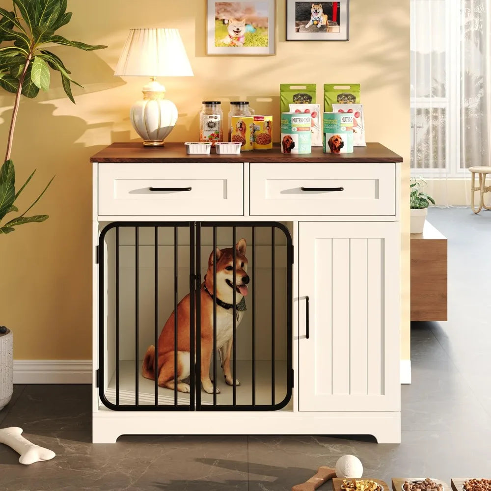 Dog Crate Furniture, Indoor Dog Kennel House with 2 Drawers and Storage Cabinet, Modern Furniture Dog Cage Side End Table