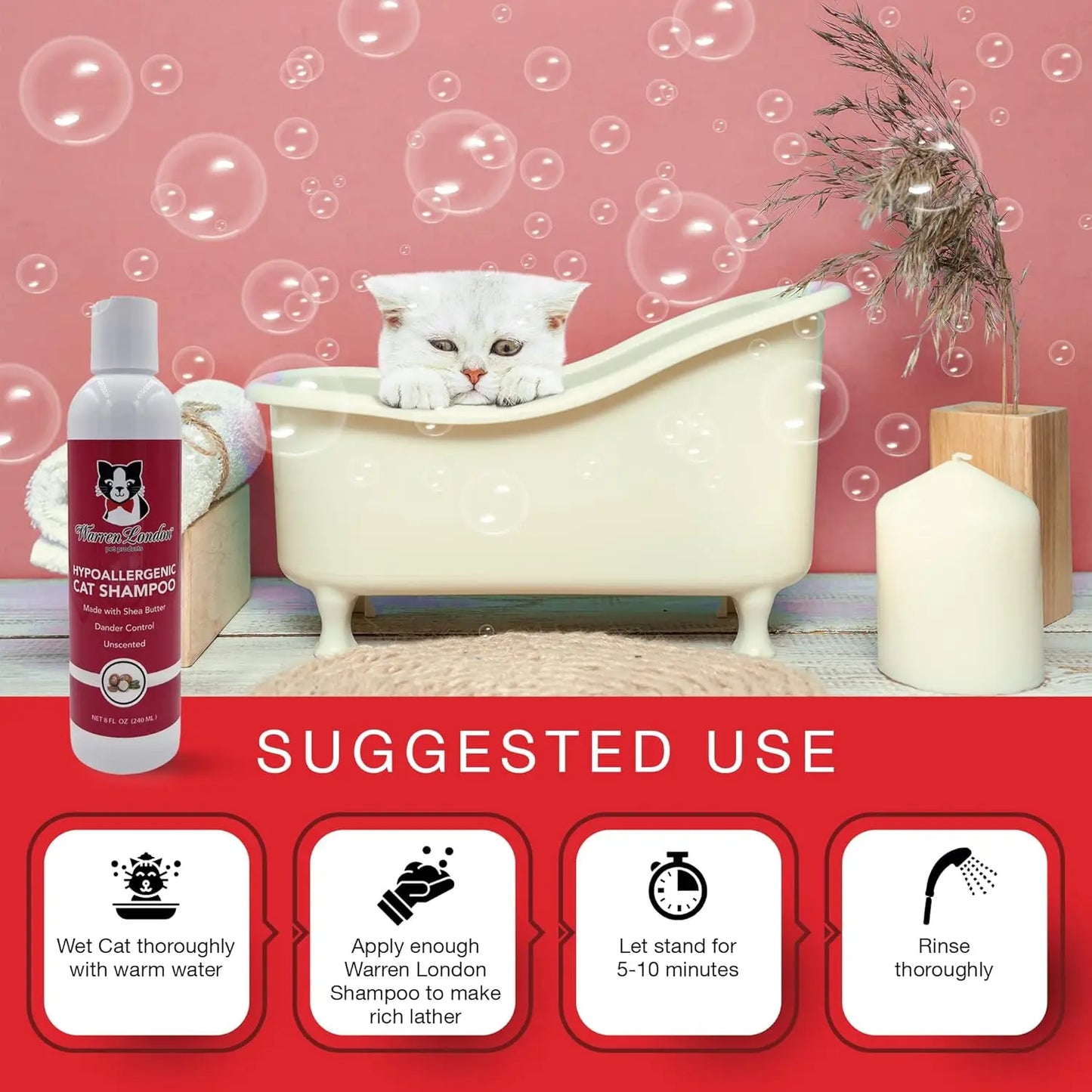 Hypoallergenic Cat Shampoo & Conditioner 8 oz – Unscented, Shea Butter Moisturizing, Soap-Free 2-in-1 for Dander & Allergy Contr