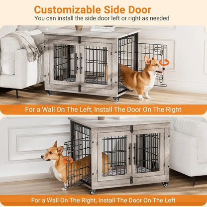 Lulive Dogs Crate Furniture for Medium Dogs, 32'' Dogs Kennel Indoor with Cushion & Wheels Wooden Doges Cage Double Doors Dog,Cu