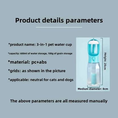 3 in 1 Dog Water Bottle with Poop Bag Dispenser Portable Pet Feeder for Cat Dog Bowl Outdoor Puppy Drinking Bowl Food Container