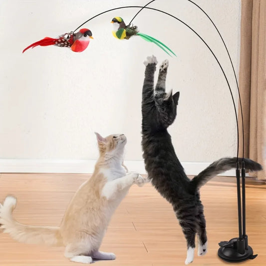 Interactive Cat Wand - Anti-Slip Suction Base & Double-Lock Grip Design No Battery Pet Toy for Indoor/Outdoor Hunting Training