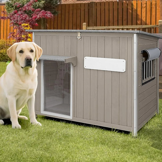 Large Dog House Outdoor XL Wooden Dog House with Weatherproof Asphalt Roof, Chew-Resistant Frame, Removable Floor, for Medium to