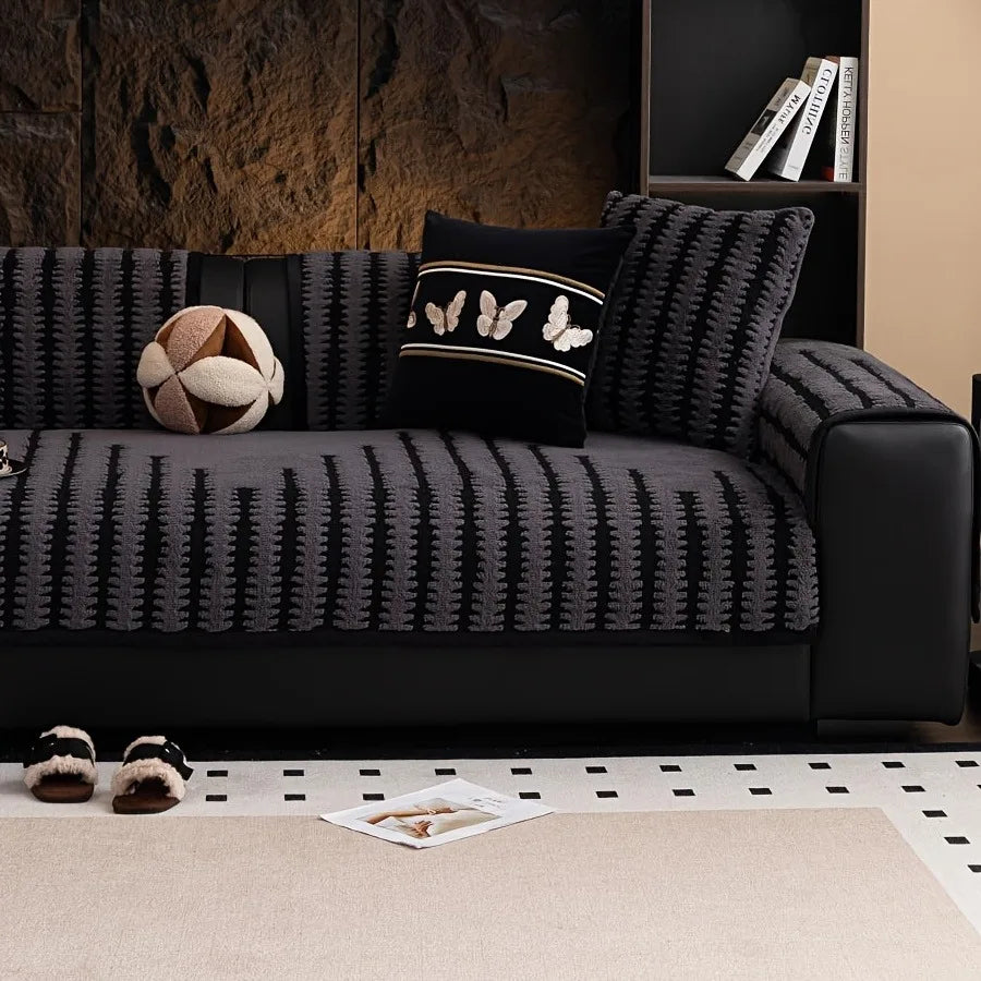 Geometric Lines Jacquard Soft Thicken Tuffed Fleece Sofa Towel Blanket for Living Room Cover Machine Washable Pet Friendly
