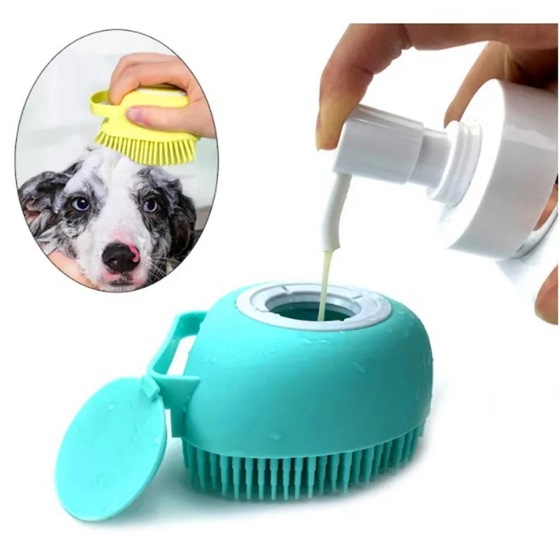 Dog Bathing Brush Pet Massage Brush Shampoo Dispenser Soft Silicone Brush Rubber Bristle for Dogs and Cats Shower Grooming Tool