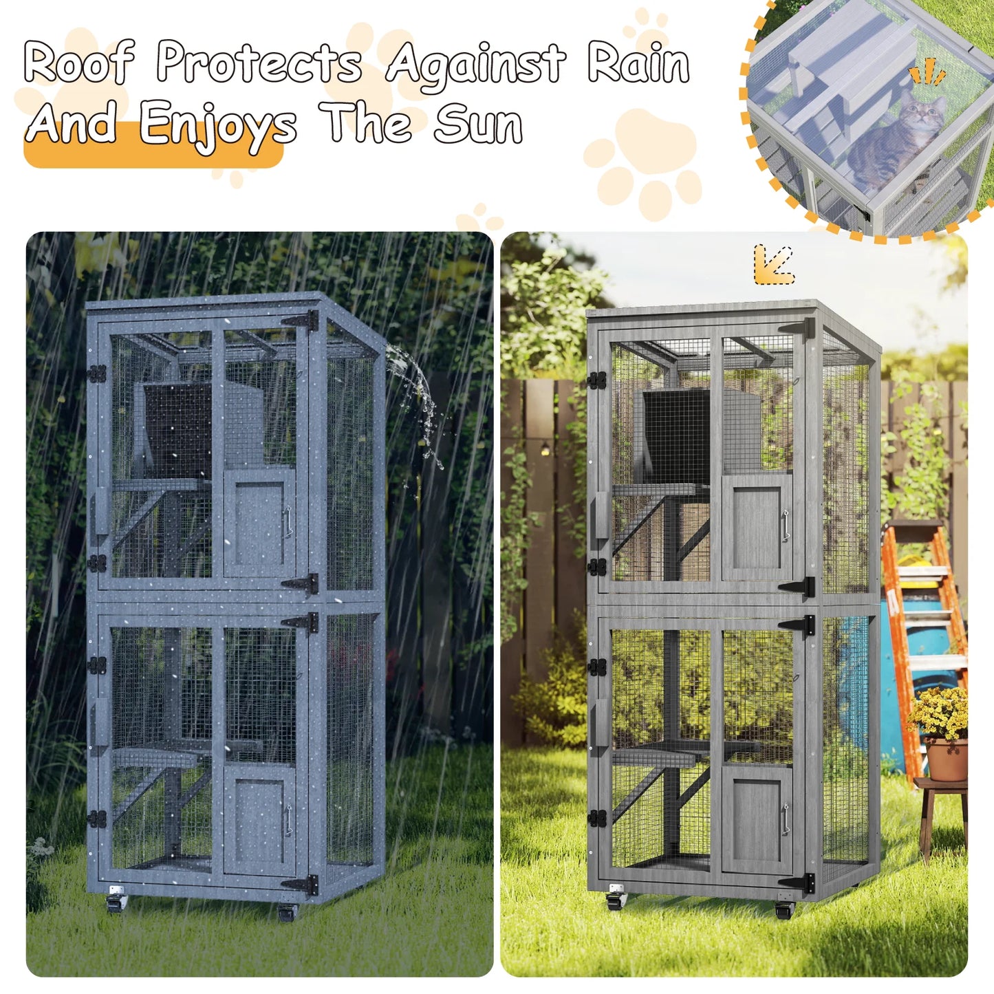 4-Tier Outdoor Cat Catio Enclosure, Large Cat Playpen with Wheels,Waterproof Roof,4 Doors & Resting Box,Grey/Black