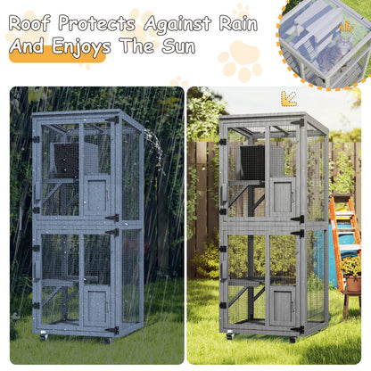 4-Tier Outdoor Cat Catio Enclosure, Large Cat Playpen with Wheels,Waterproof Roof,4 Doors & Resting Box,Grey/Black