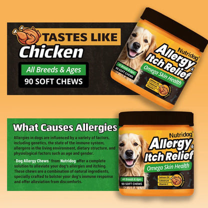 NUTRIDOG Dog Allergy Itch Relief Chews Omega-3 Vitamin C Support Skin For Dog Immune Health Supplement Nutrition 90 PCS/Bottle