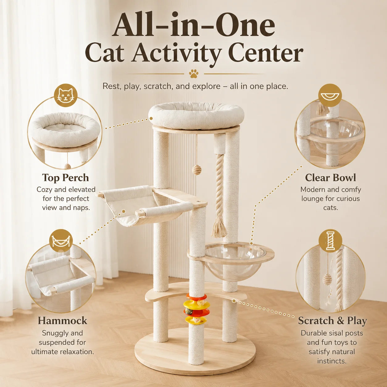 Multi-Functional Cat Tree Tower with Space Capsule, Hanging Ball, Scratching Posts, and Soft Condo - Sturdy Wooden Design for Kittens and Adult Cats, Cat Tree Tower