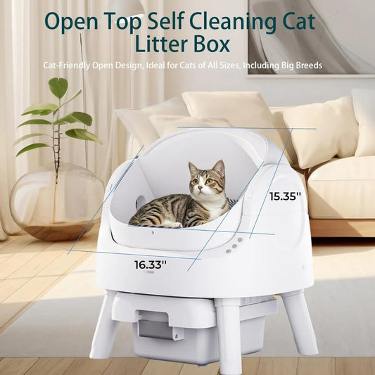 Automatic Top-Opening Multi-Cat Litter Box with Safety Features, Mat & Liner Included, White