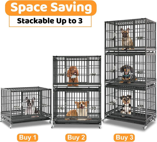 37' Stackable Heavy Duty Dog Crate, Escape Proof Kennel with Lockable Wheels, Removable Tray & Metal Grid for Medium/Small Dogs