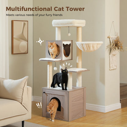 Wood Cat Tree with Storage Cabinet Sisal Scratching Posts Cozy Condo Hammock Dangling Balls Large Cat Tower for Indoor Pet Furniture Cat Toys