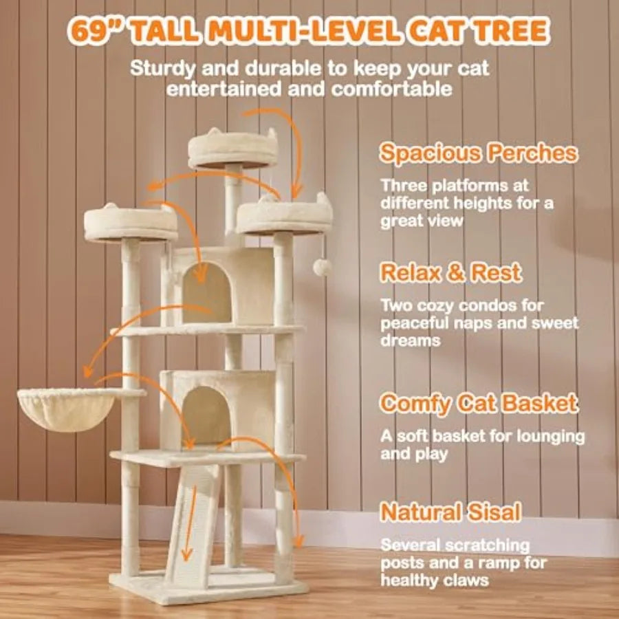 69in Large Cat Tree Tower, 2 Condos, Sisal Posts and Cat-Ear Perch Sturdy anti-wobble base, soft basket, climbing ramp, easy as