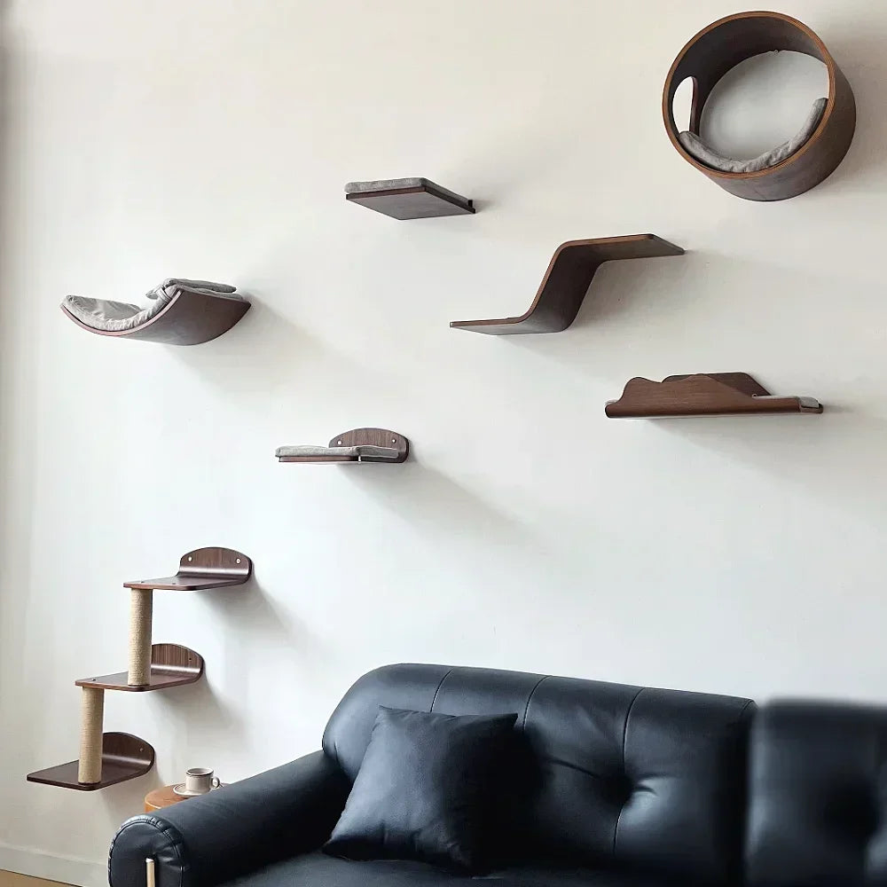 Wall-Mounted Cat Hammock Cat Climbing Stairs Solid Wood Cat Tree Tower Scratcher Rope Ladder Kitten House Indoor Cat Playground