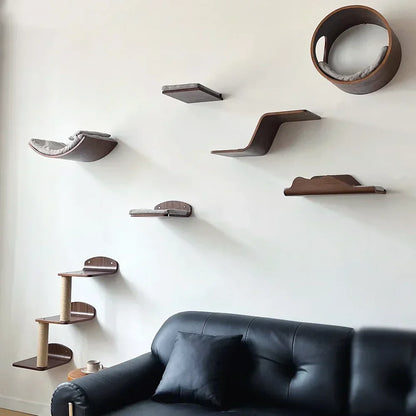 Wall-Mounted Cat Hammock Cat Climbing Stairs Solid Wood Cat Tree Tower Scratcher Rope Ladder Kitten House Indoor Cat Playground