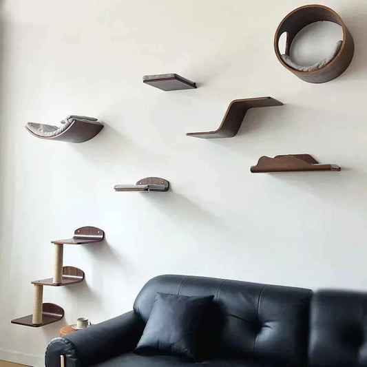 Wall-Mounted Cat Hammock Cat Climbing Stairs Solid Wood Cat Tree Tower Scratcher Rope Ladder Kitten House Indoor Cat Playground