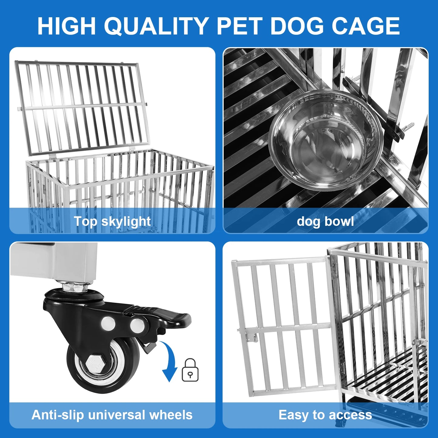 Metal Dog Cage Easy To Install Dog Crate with Four Wheels Dog Kennel Folding for High Anxiety Medium/Small Dogs