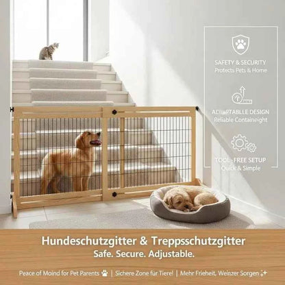 Freestanding Dog Gate, Foldable Pet Fence, Indoor Wood Barrier, Stair Gate with Support Feet, for Doorway, Hallway, Small and Medium Dogs, 69H x 104-183 cm, Natural Wood Finish