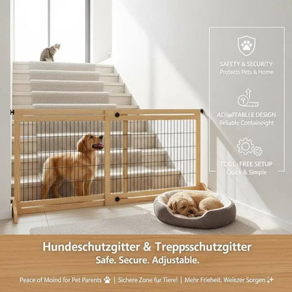 Freestanding Dog Gate, Foldable Pet Fence, Indoor Wood Barrier, Stair Gate with Support Feet, for Doorway, Hallway, Small and Medium Dogs, 69H x 104-183 cm, Natural Wood Finish