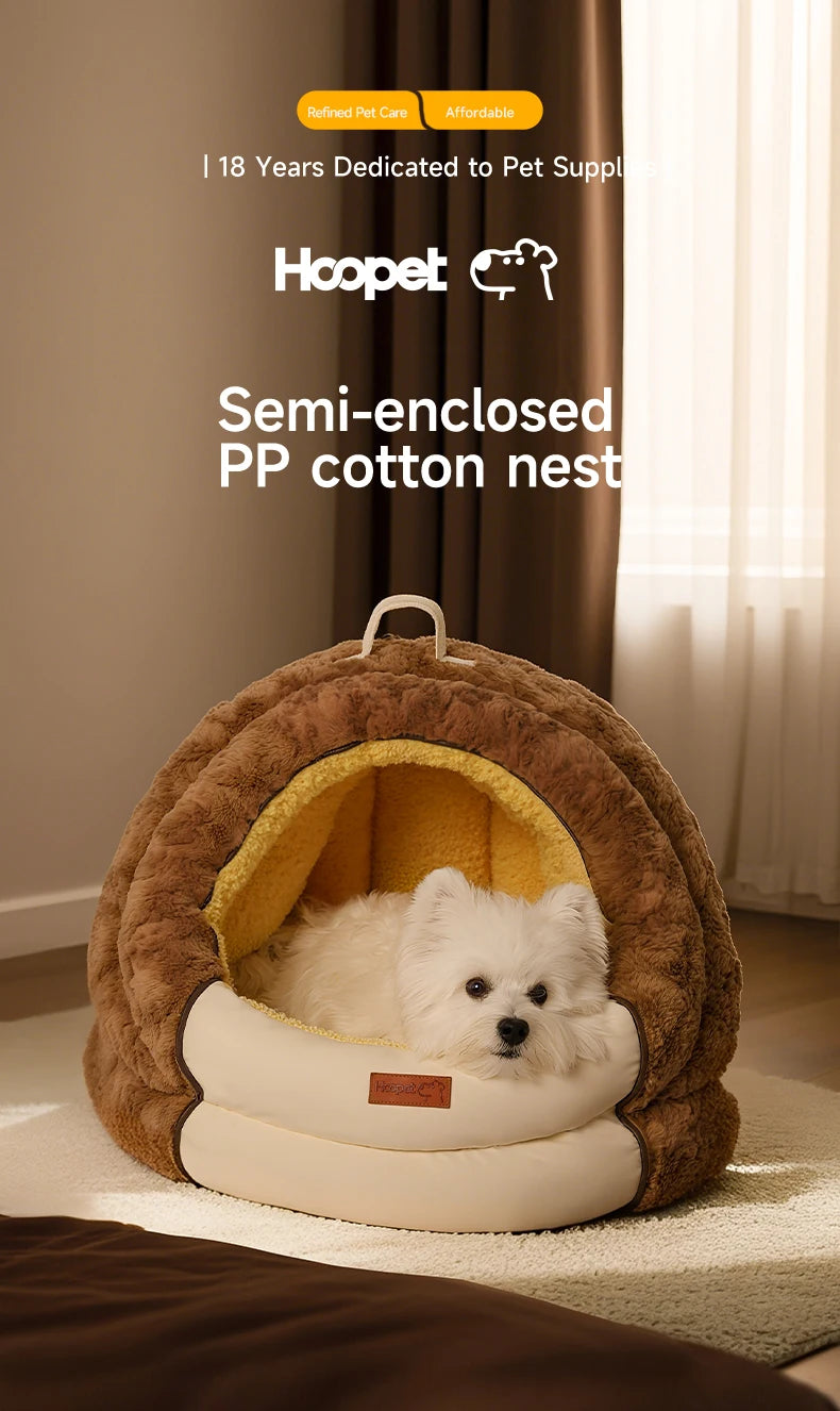 HOOPET Winter Dog Bed with Roof, Semi-Enclosed Warm House & Soft Pad, Plush Security Feeling Comfort Pet Nest for Small Dogs